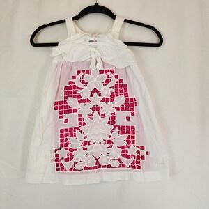 Catimini France Girls White Pink Lace Embroidered Dress Ruffles 100% Cotton Sz 4